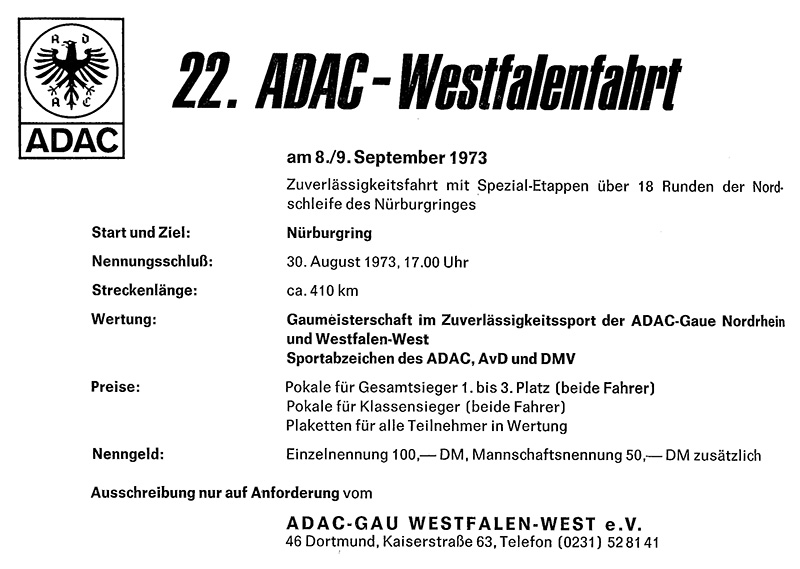 Anzeige zur 22. ADAC-Westfalenfahrt am 8./9. September 1973, Zuverlässigkeitsfahrt mit Spezial-Etappen über 18 Runden der Nordschleife (ONS-Mitteilungen 8/1973)