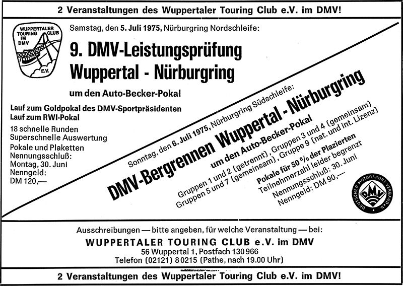 Anzeige des Wuppertaler Touring Club zur 9. DMV-Leistungsprüfung Wuppertal – Nürburgring am 5. Juli 1975 und zum DMV-Bergrennen Wuppertal – Nürburgring am 6. Juli 1975 (ONS-Mitteilungen 6/1975)