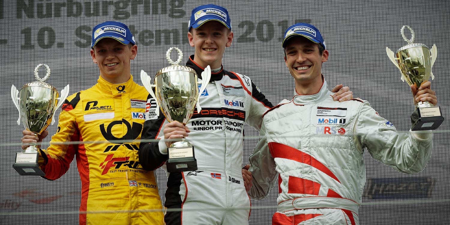Podium: Nick Yelloly (GB), Dennis Olsen (N), Christopher Zöchling (A), Porsche Carrera Cup Deutschland - 06 Nürburgring 2017