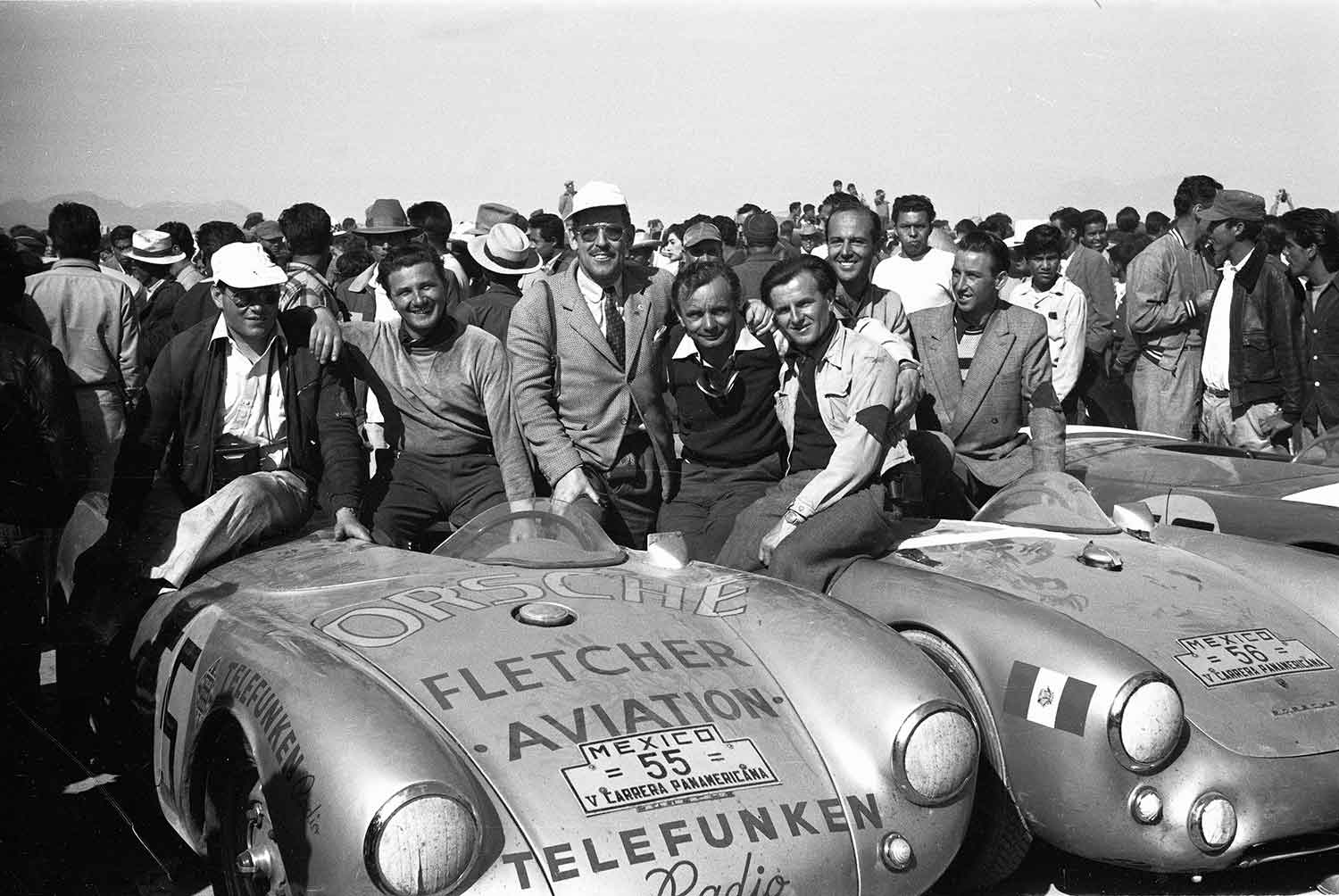 Porsche 550 1954, Porsche 550 Spyder, Herbert Linge, Hans Herrmann, Huschke von Hanstein, Jaroslav Juhan (l.-r.), Carrera Panamericana